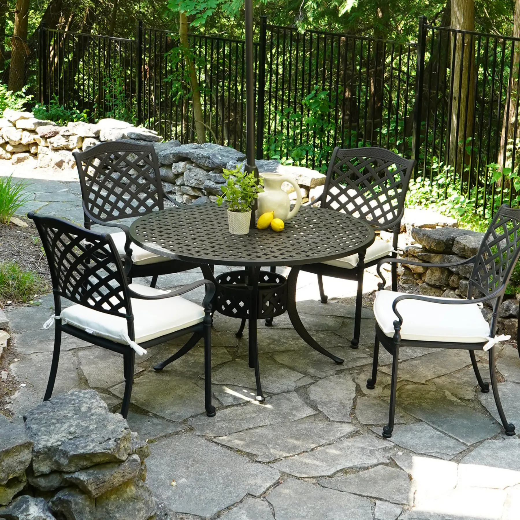 42" Basketweave Cast Aluminum Dining Table w/ Umbrella Hole