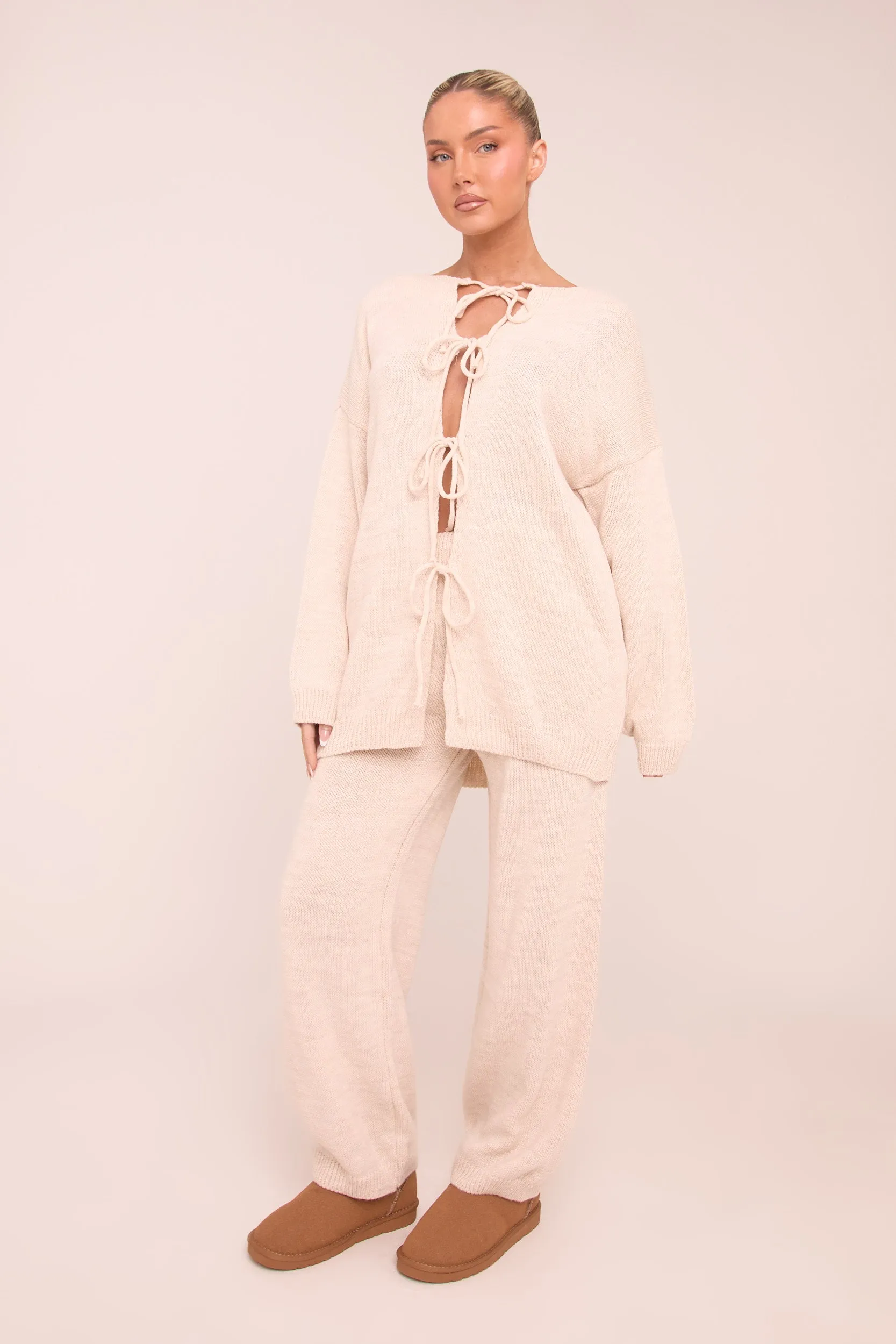 Beige Knit Tie Front Cardigan & Straight Leg Co-ord Set - Valeria