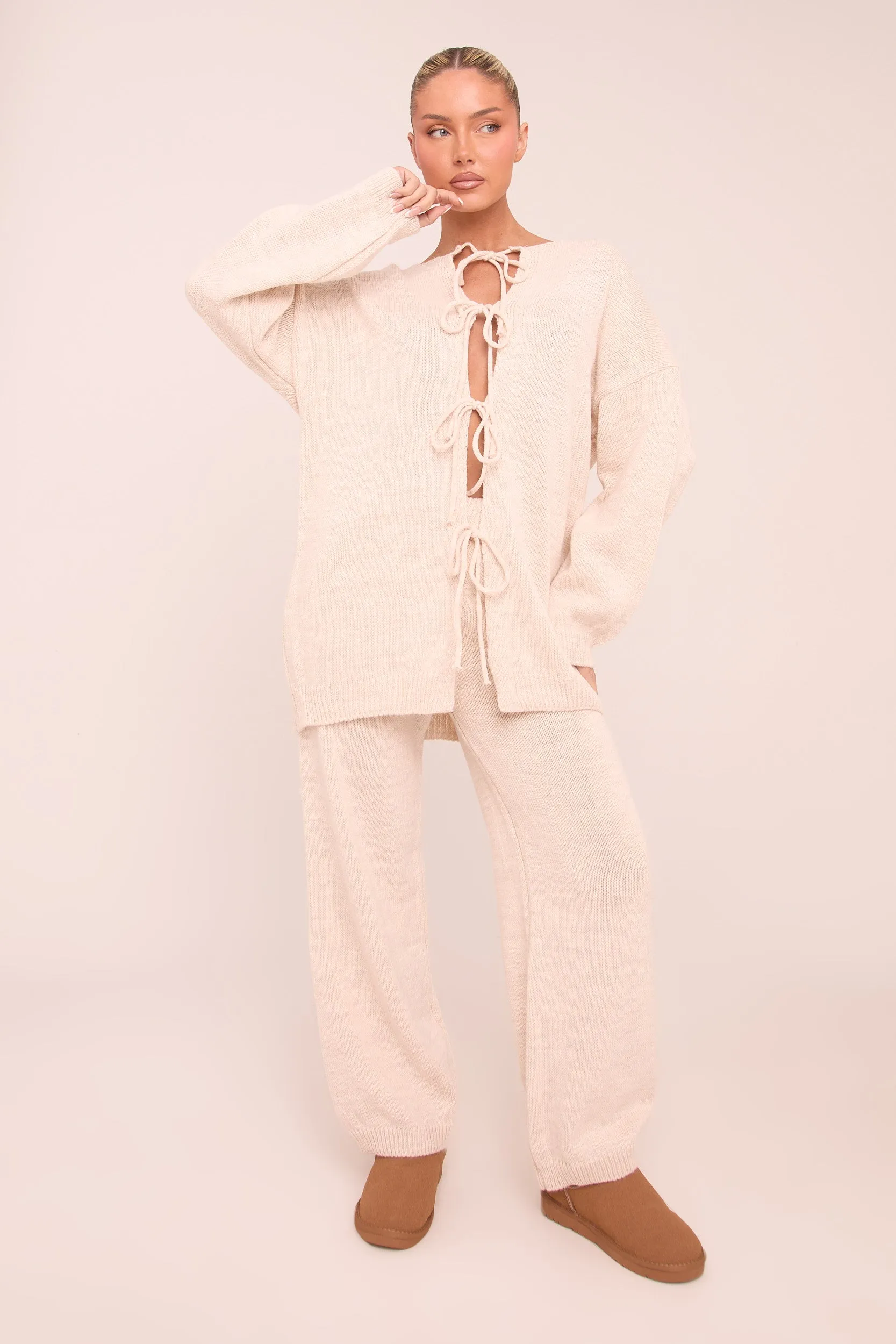 Beige Knit Tie Front Cardigan & Straight Leg Co-ord Set - Valeria