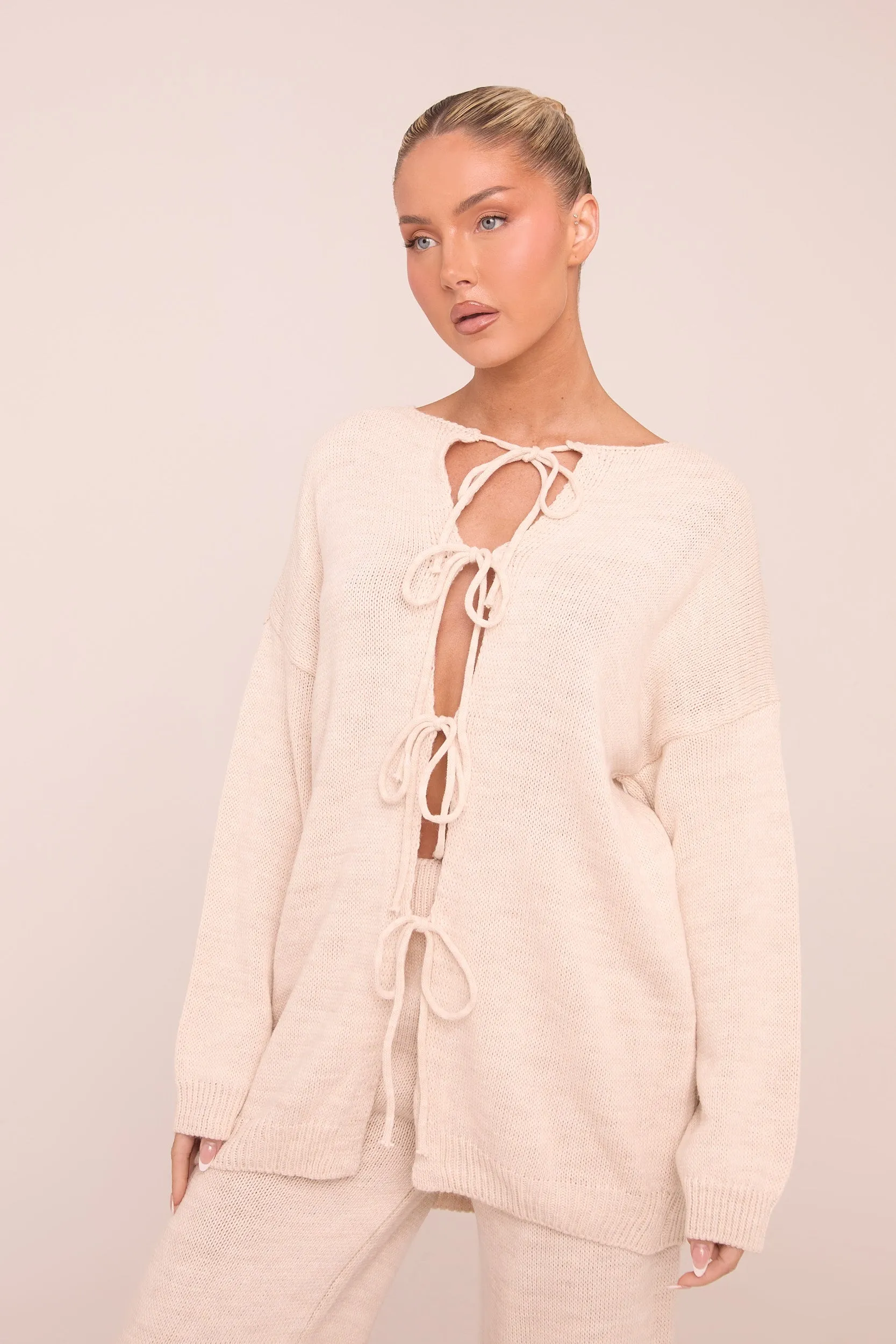 Beige Knit Tie Front Cardigan & Straight Leg Co-ord Set - Valeria