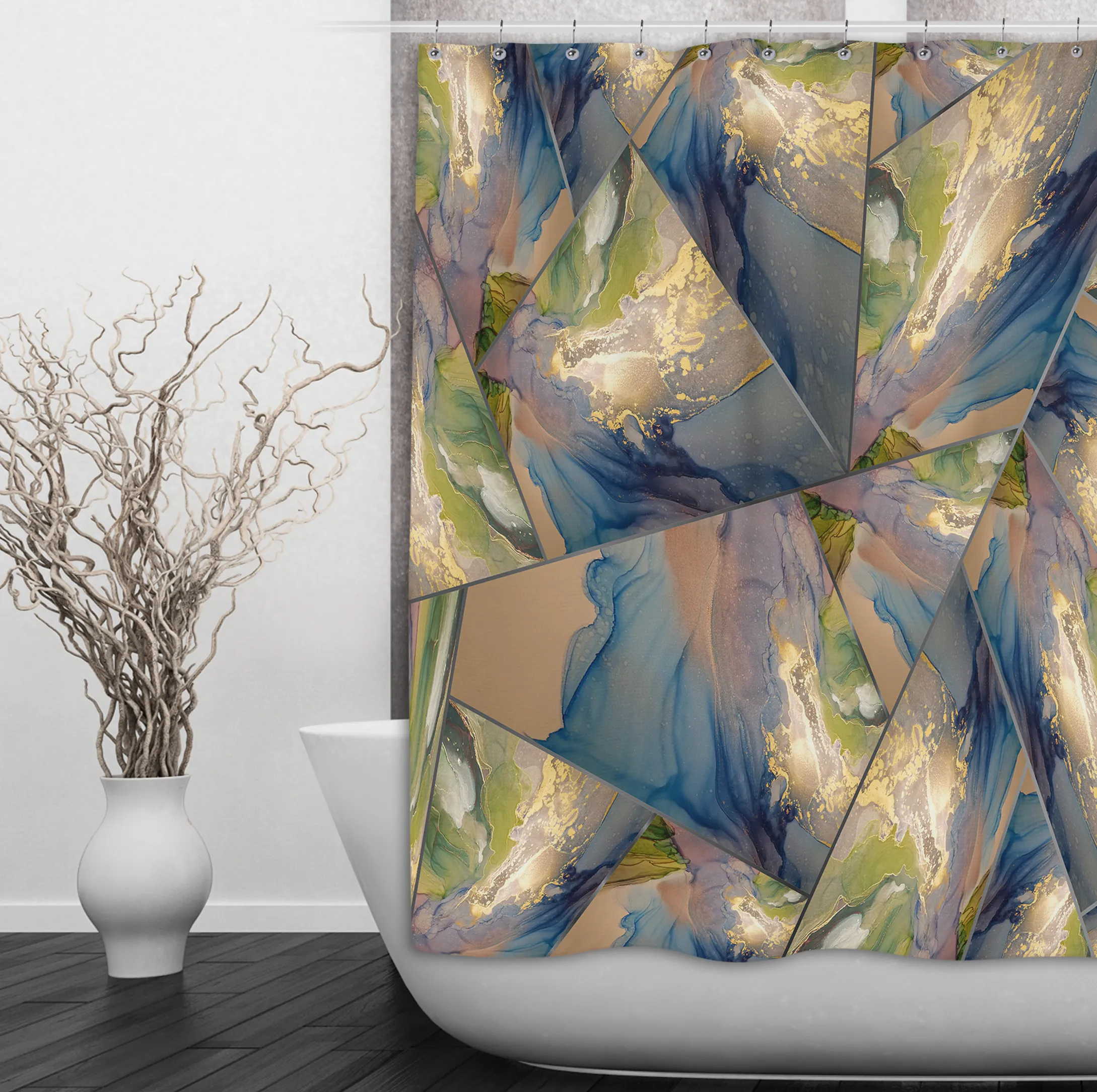 Blue Green Gold Geometric Stained Glass Shower Curtains and Optional Bath Mats