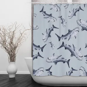 Blue Shark Shower Curtains and Optional Bath Mats