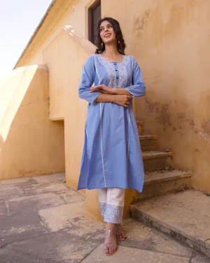 Crosses On Blue Embroidered Kurta Set