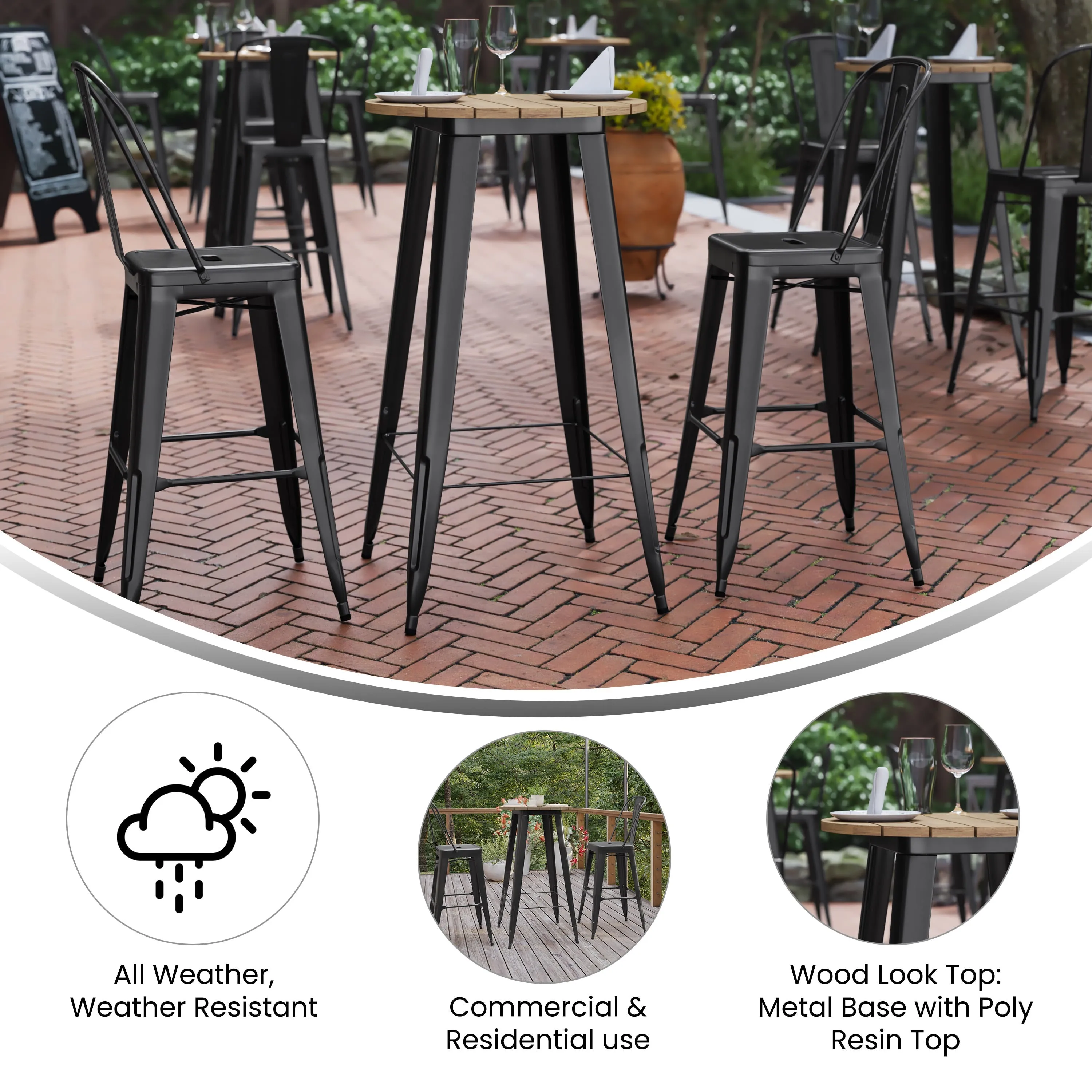 Declan Commercial Indoor/Outdoor Bar Top Table, 23.75" Round All Weather Poly Resin Top with Steel base