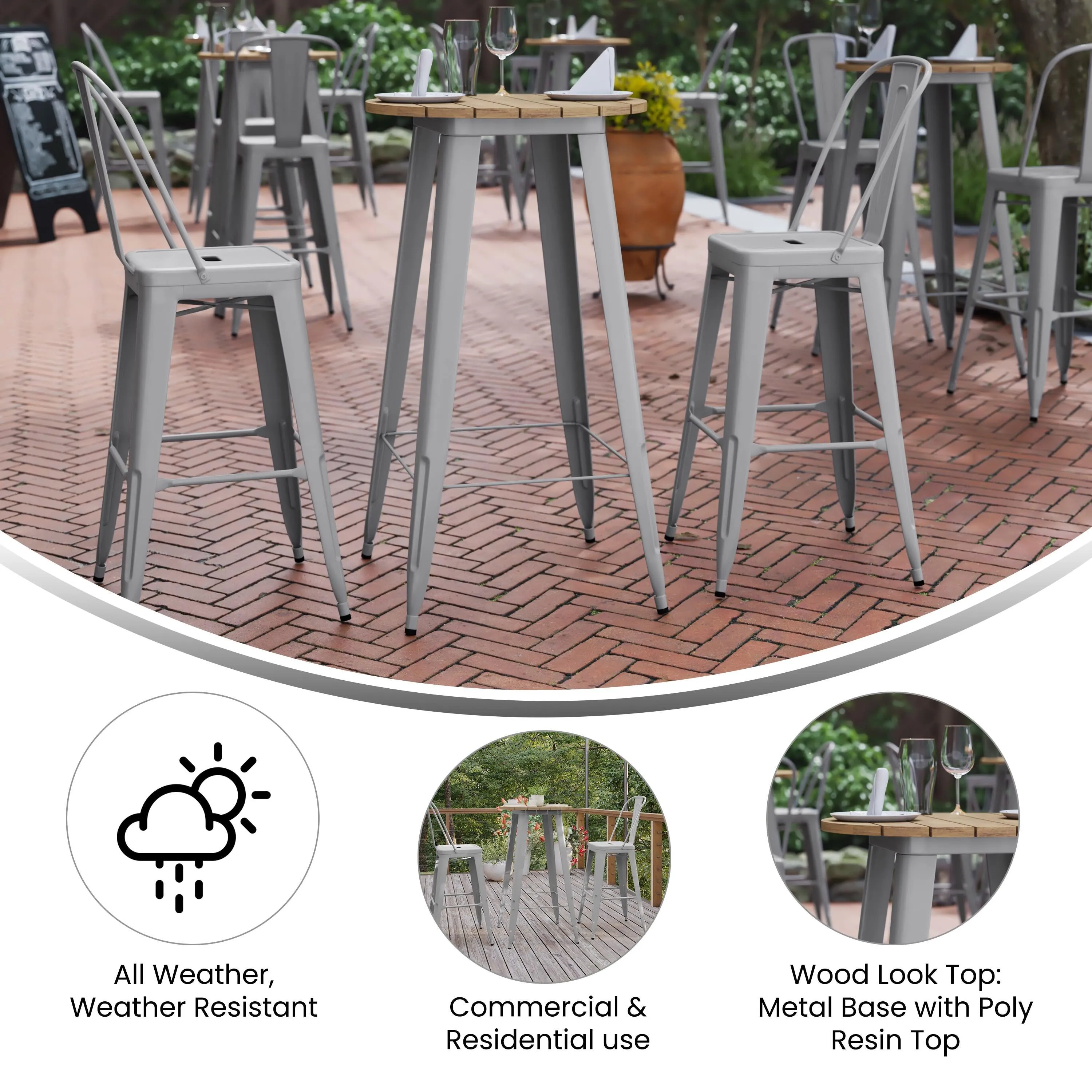 Declan Commercial Indoor/Outdoor Bar Top Table, 23.75" Round All Weather Poly Resin Top with Steel base