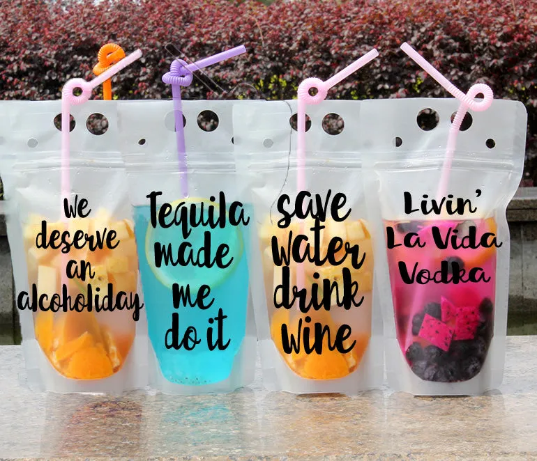 Drink Pouches with Funny Sayings Reusable Travel Flask with Plastic - More Sayings Available