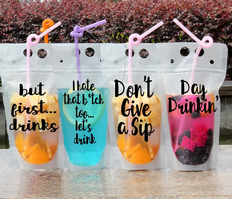 Drink Pouches with Funny Sayings Reusable Travel Flask with Plastic - More Sayings Available