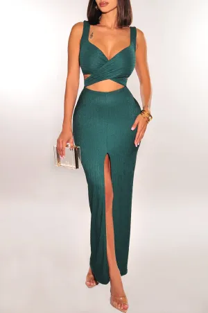 Emerald Textured Sleeveless V Neck Tie Up High Waist Asymmetrical Slit Skirt Two Piece Set