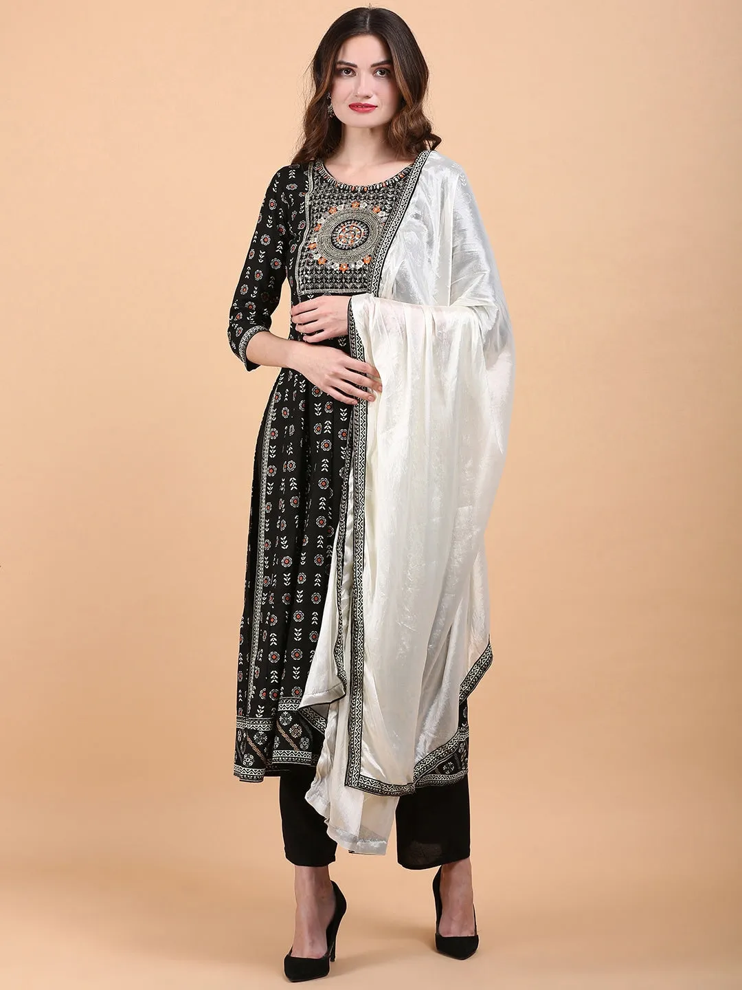 Ethnic Motif Printed Thread Work High Slit Straight Kurta With Trousers & Dupatta