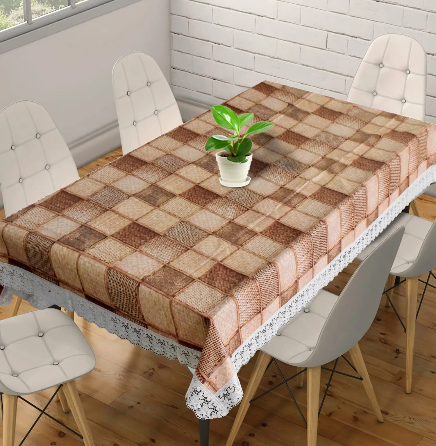 Heart Home Checkered Printed PVC 6 Seater Dinning Table Cover 60"x90" (Brown)-HS43HEARTH25637