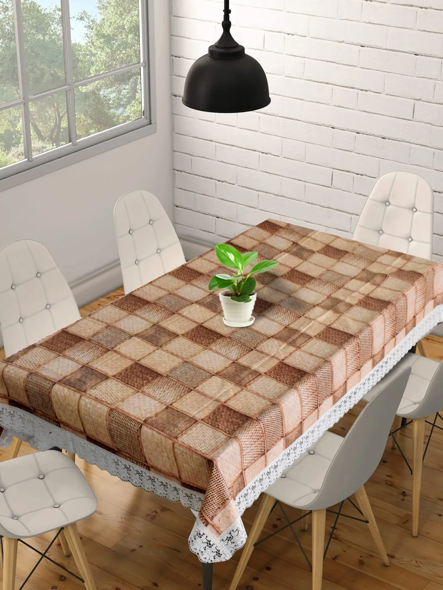 Heart Home Checkered Printed PVC 6 Seater Dinning Table Cover 60"x90" (Brown)-HS43HEARTH25637