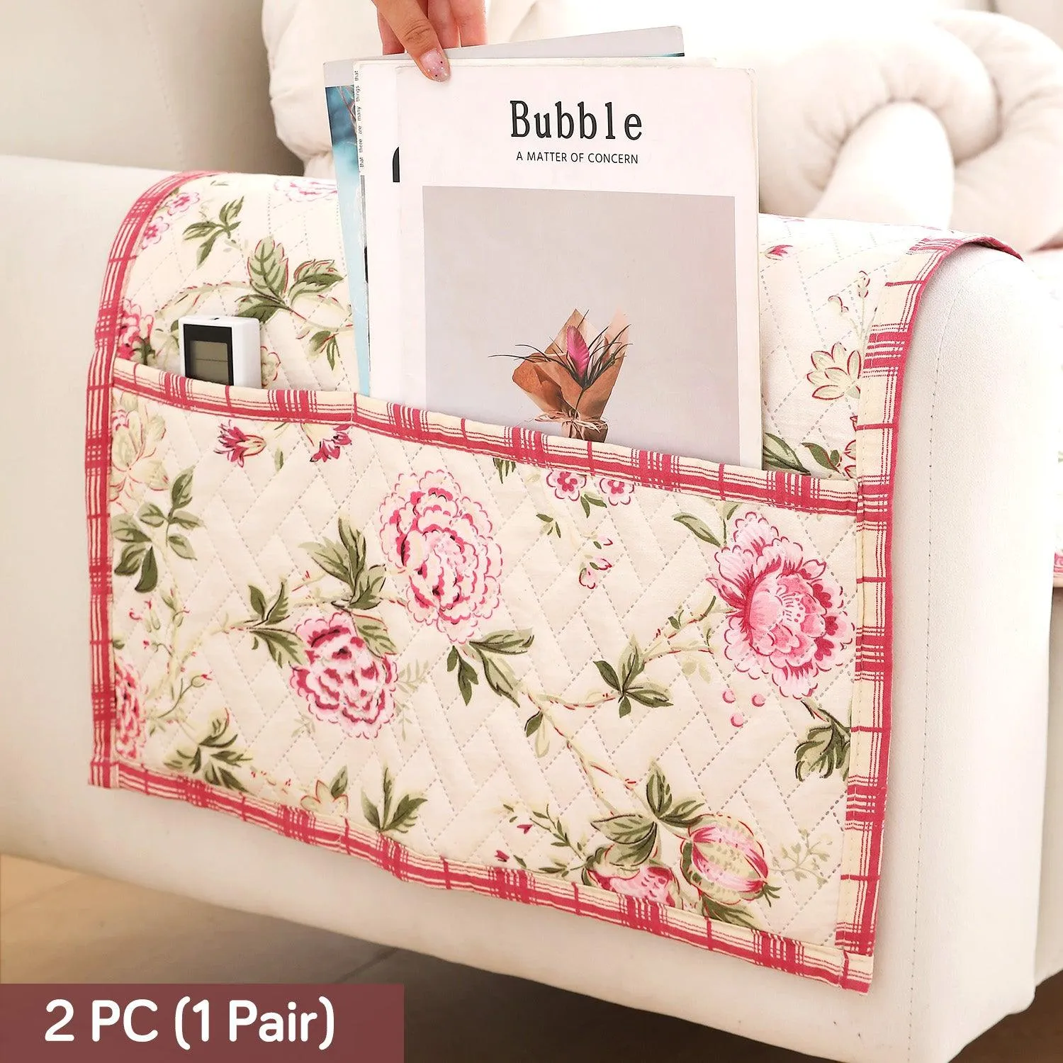 HOKIPO 2 Pcs Printed Quilted Sofa Armrest Cover, Beige Peonies