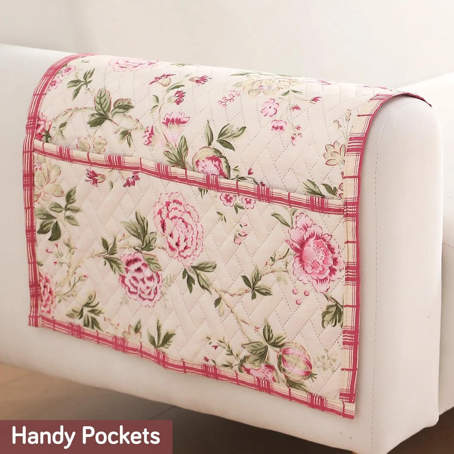 HOKIPO 2 Pcs Printed Quilted Sofa Armrest Cover, Beige Peonies