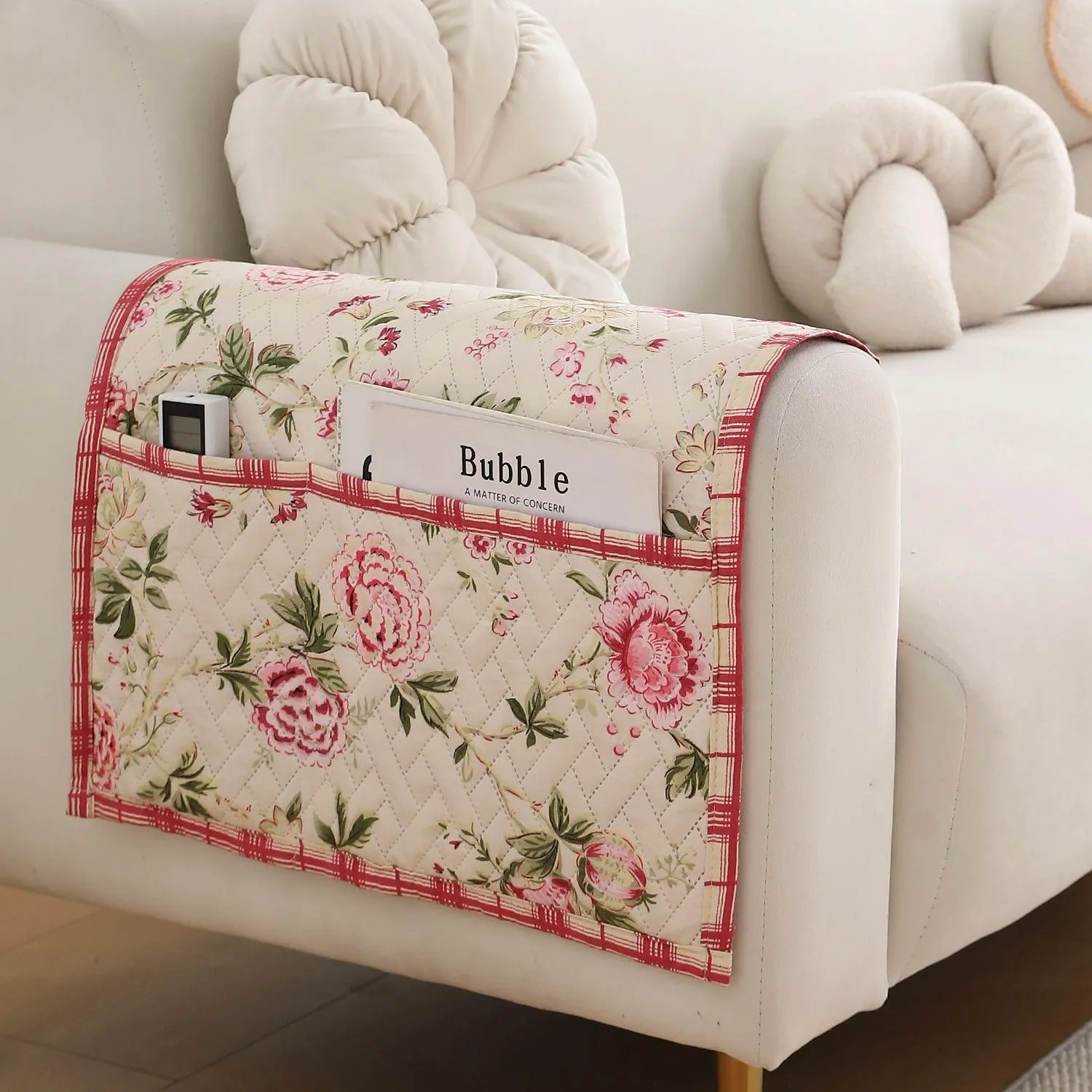 HOKIPO 2 Pcs Printed Quilted Sofa Armrest Cover, Beige Peonies