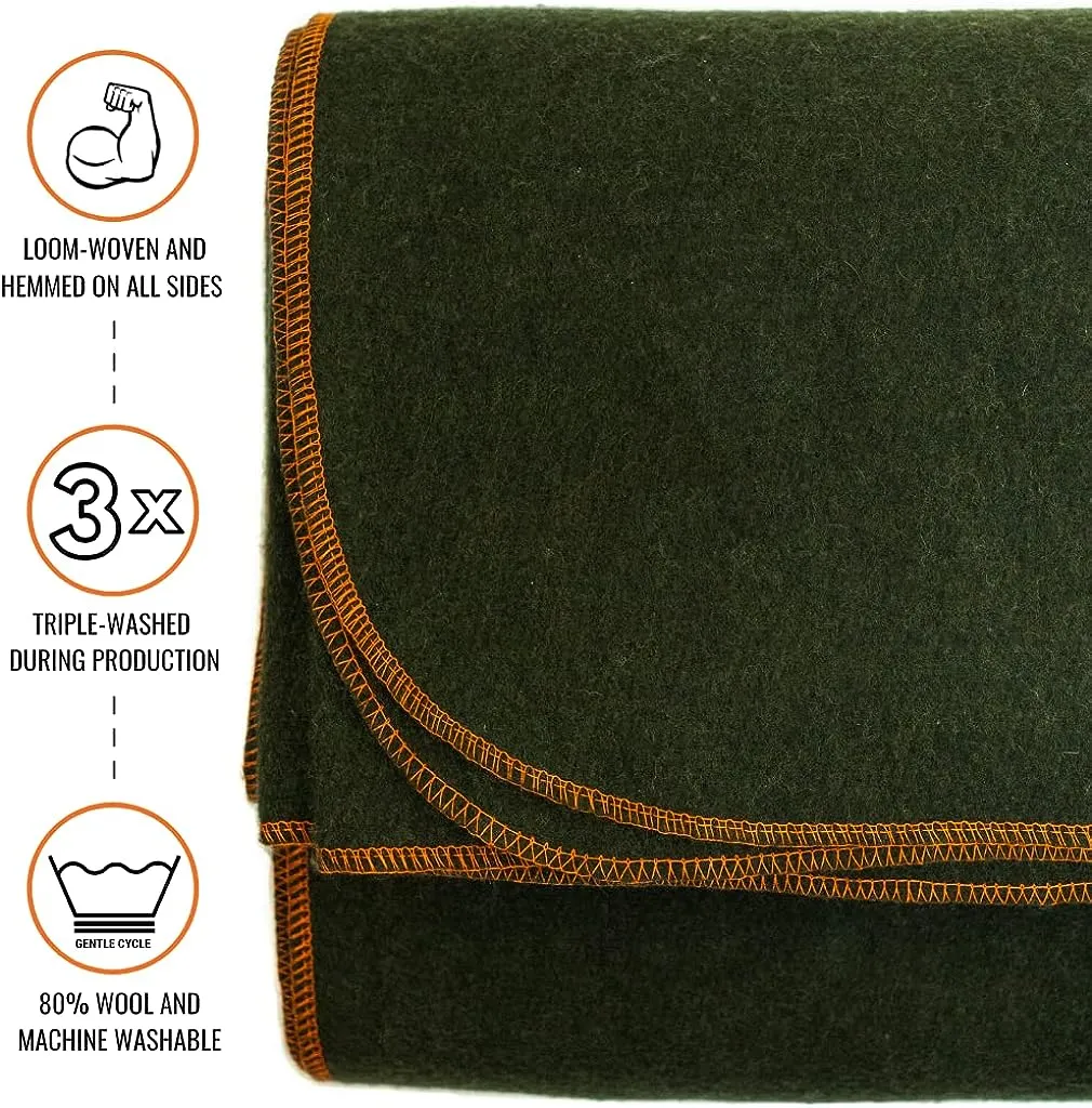 Military Wool Blanket - 4.5 lbs, Warm, Thick, Washable, Large 64" x 88" (Olive Green)