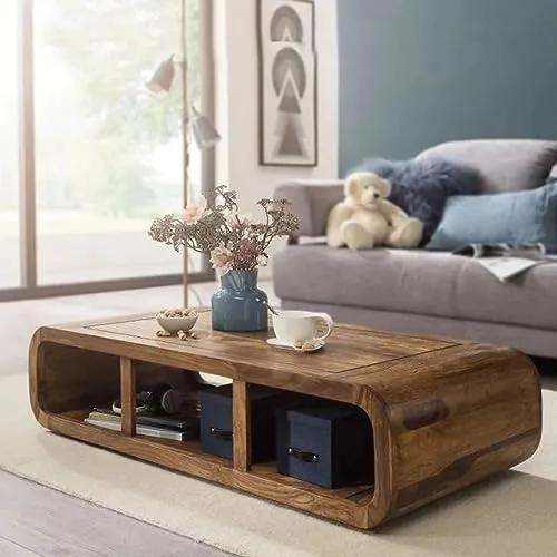 MODERN FURNITURE SHEESHAM Wood Center Coffee Table for Living Room Home with Storage | Tea Table Wooden | Center Table for Living Room - Natural Teak