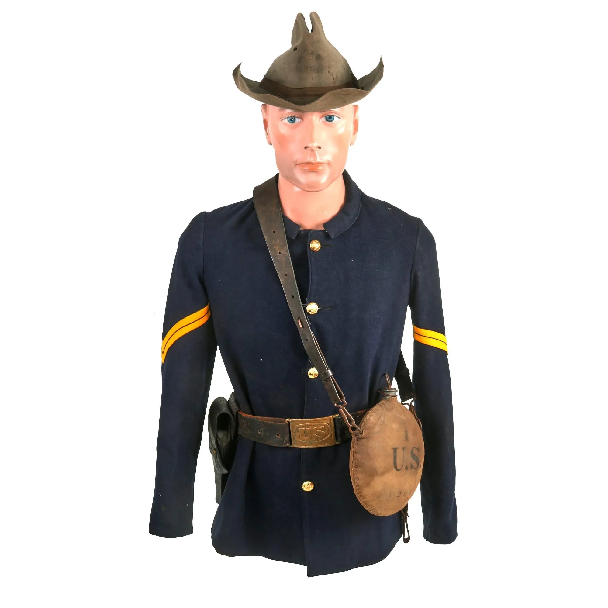 Original U.S. Indian Wars / Spanish-American War Cavalry Corporal Uniform Set - Includes Boots, Blouse, Trousers, Campaign Hat, Belt/Holster and Canteen With Sling