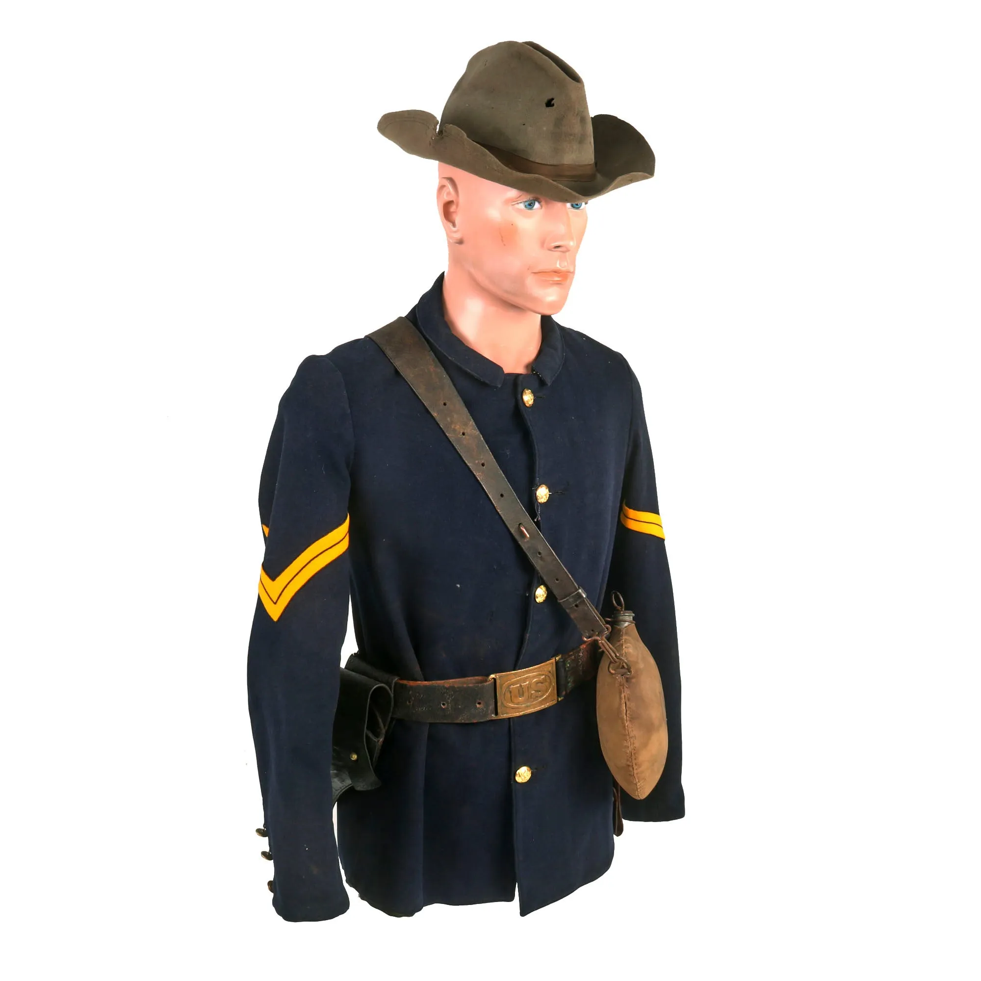 Original U.S. Indian Wars / Spanish-American War Cavalry Corporal Uniform Set - Includes Boots, Blouse, Trousers, Campaign Hat, Belt/Holster and Canteen With Sling