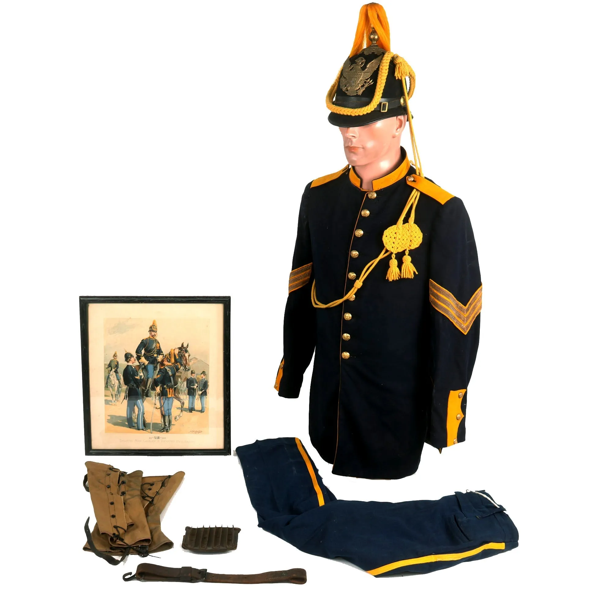 Original U.S. Indian Wars / Spanish-American War Cavalry Sergeant Uniform Set - Includes Blouse, Trousers, M1881 Blue Cloth Spike Helmet, Issued Horse Brush and Leg Gaitors