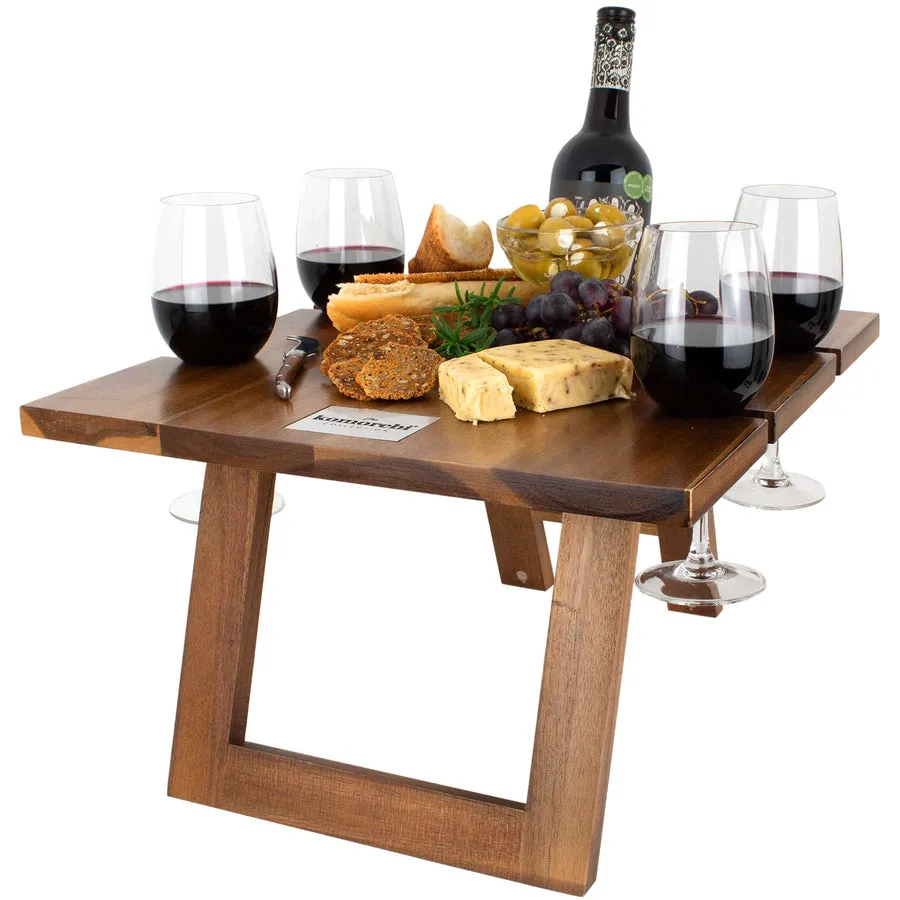 Picnic Wine Table with 4 Wine Glass Slots