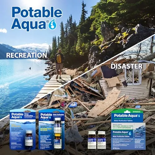 Potable Aqua Water Purification Tablets with PA Plus, Portable and Effective Solution for Camping, Hiking, Emergencies, Natural Disasters and International Travel, Two 50ct Bottles