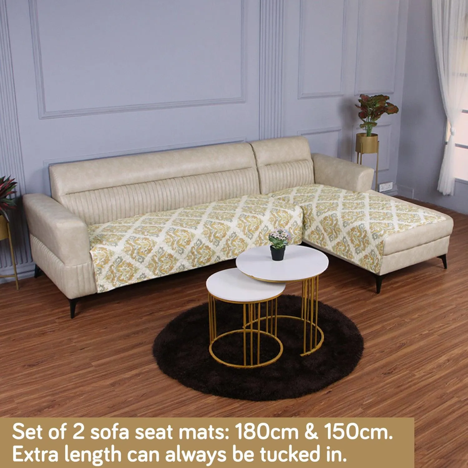 Printed Quilted L Type Sofa Mat Set (3 2 Seater), Damask Beige