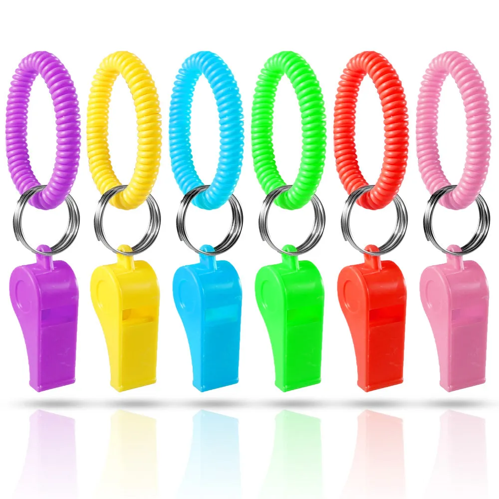 PRLOSO 24 Pieces Whistle Bracelets with Keychain for Kids Party Favors Noisemaker Plastic Sports Party Whistle Toys Bulk