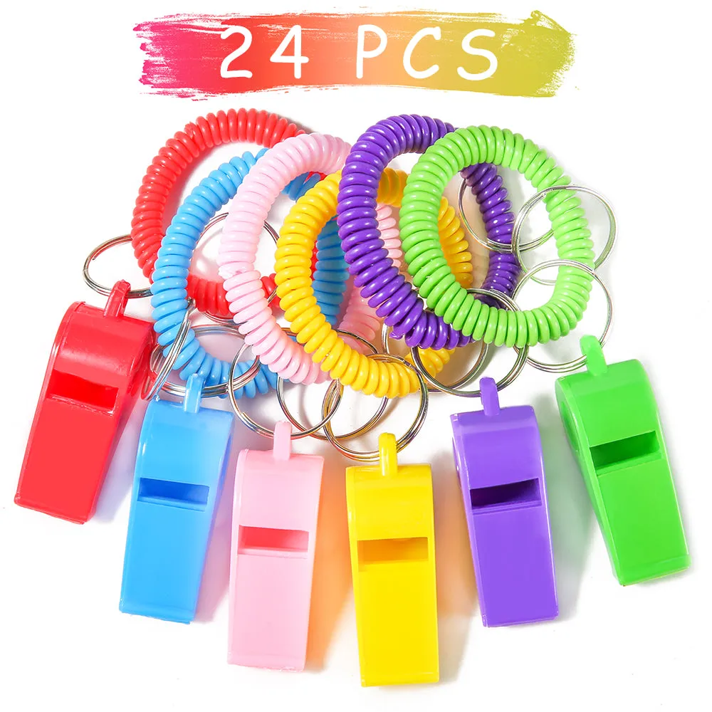 PRLOSO 24 Pieces Whistle Bracelets with Keychain for Kids Party Favors Noisemaker Plastic Sports Party Whistle Toys Bulk