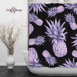 Purple Pineapple on Black Shower Curtains and Optional Bath Mats