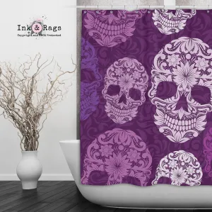 Purple Scroll Skull Shower Curtains and Optional Bath Mats