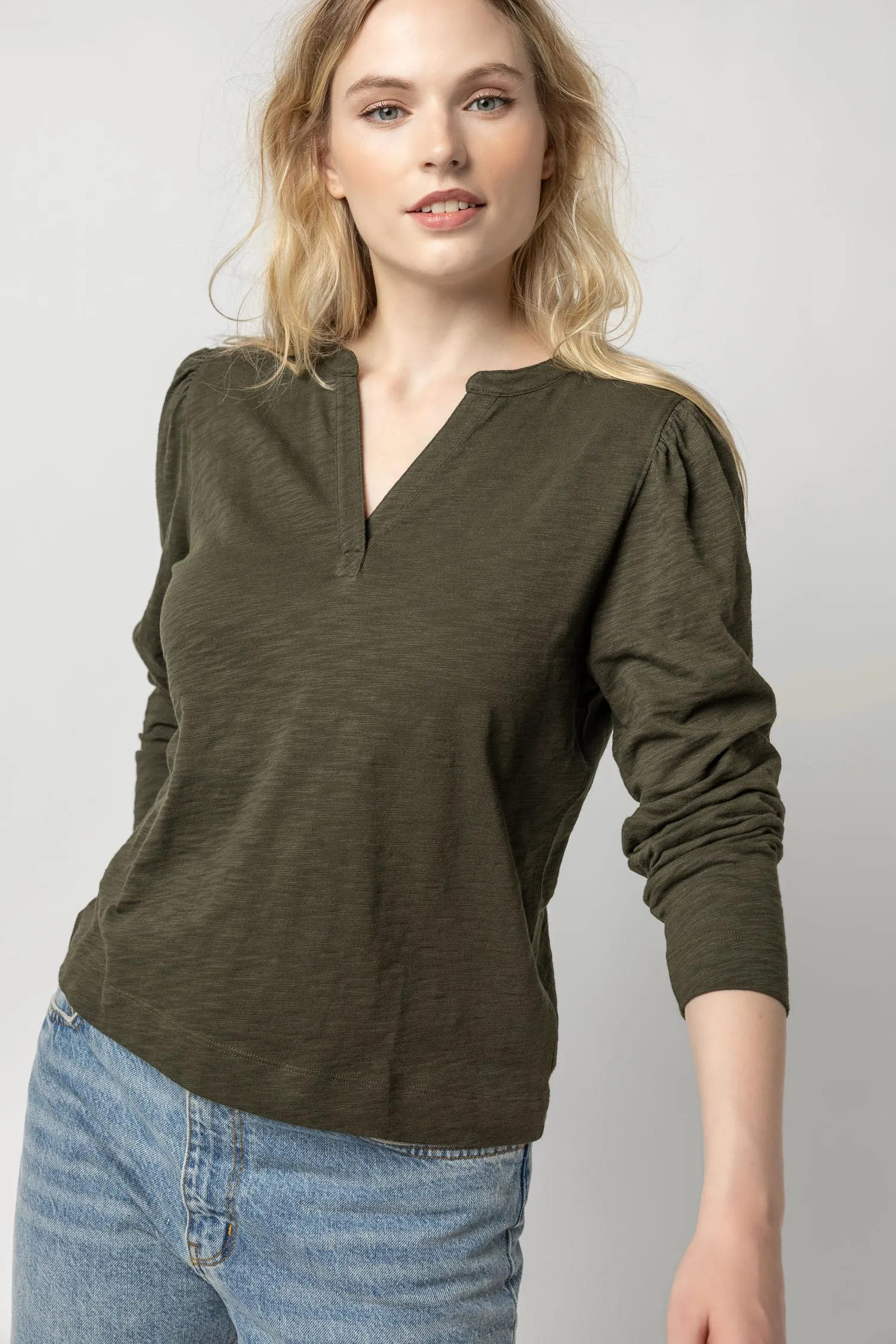 Shirred Long Sleeve Split Neck