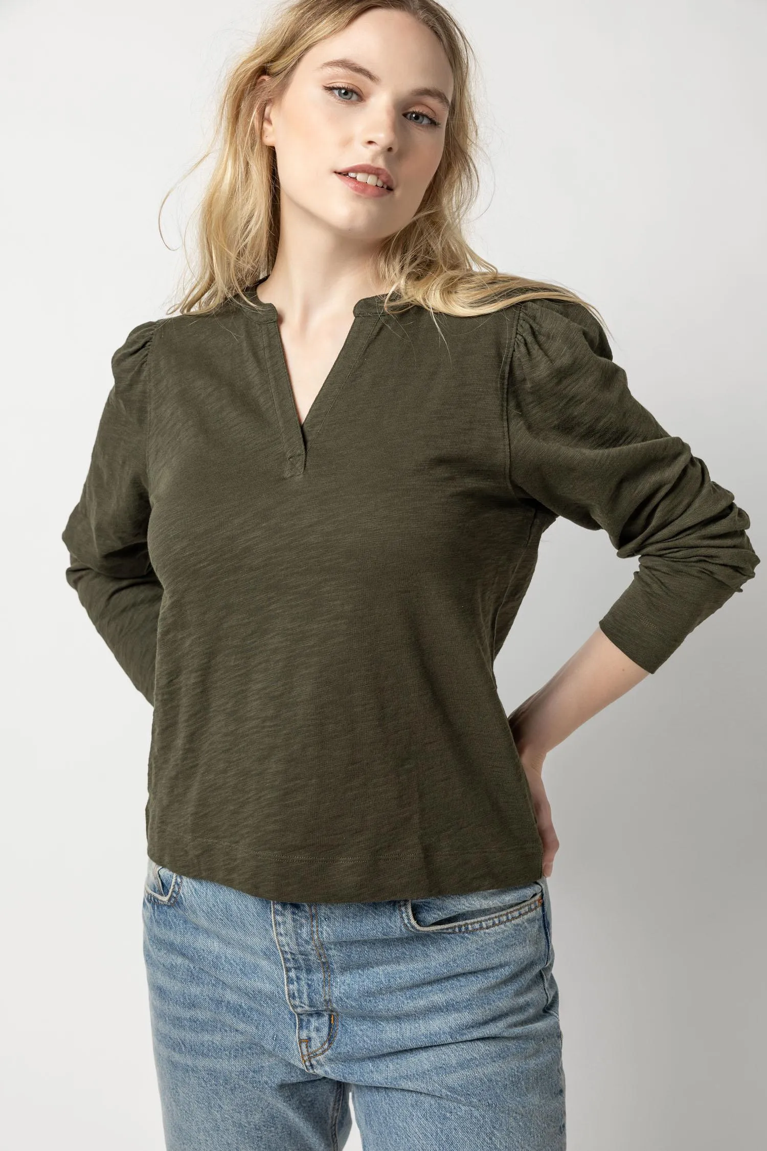 Shirred Long Sleeve Split Neck