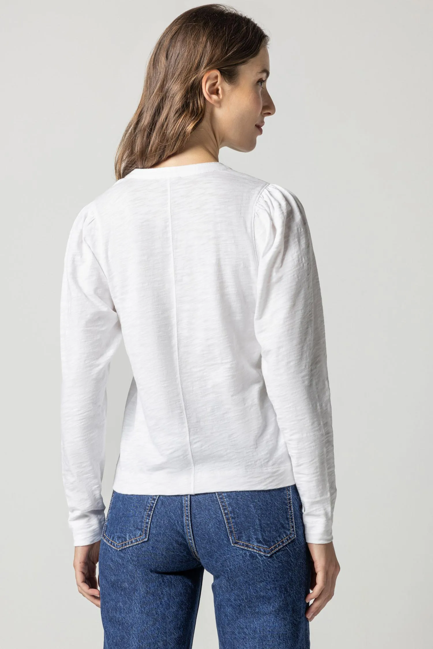 Shirred Long Sleeve Split Neck