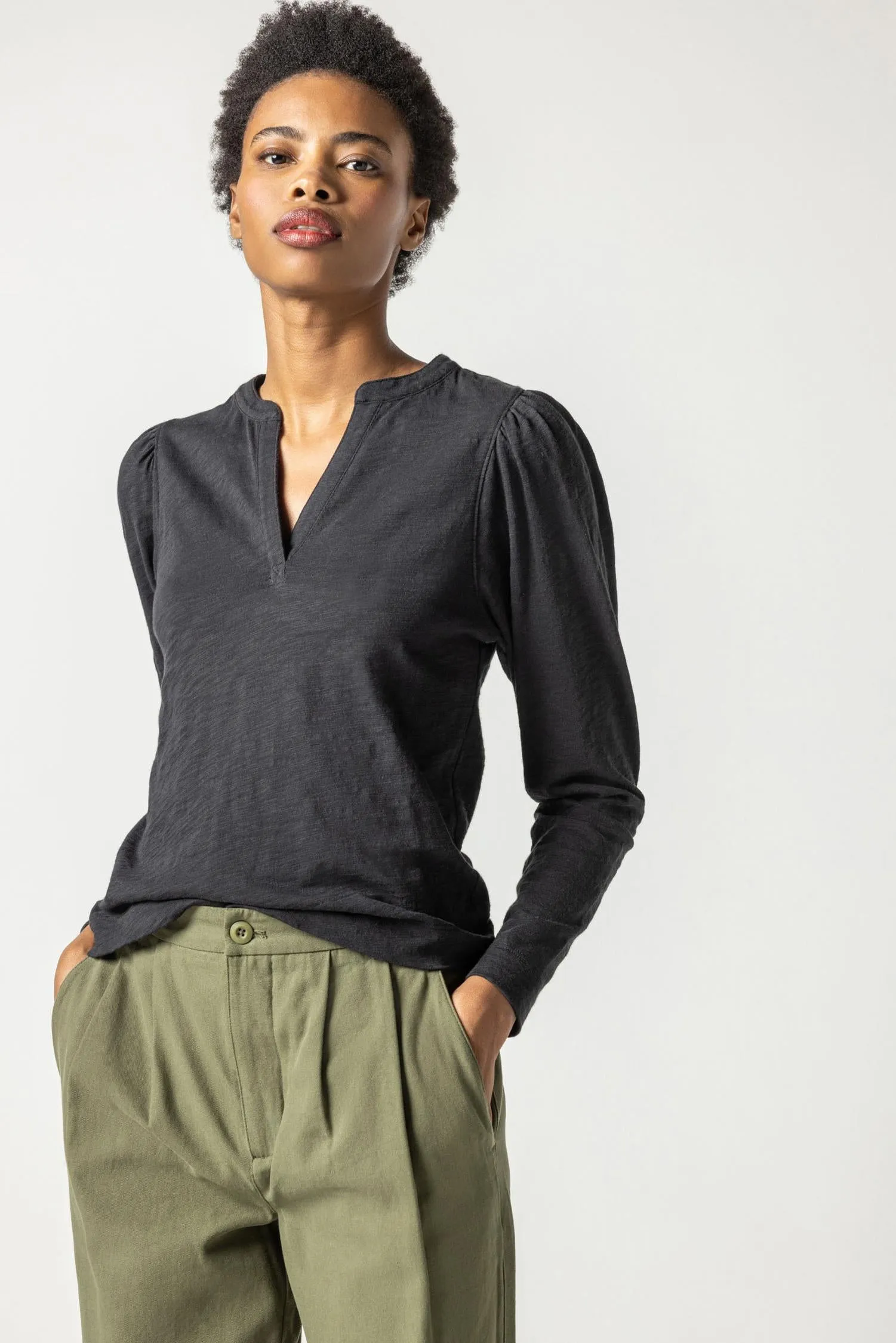 Shirred Long Sleeve Split Neck