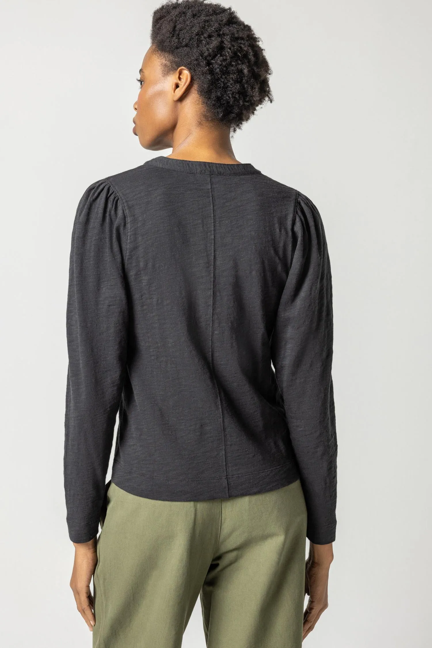 Shirred Long Sleeve Split Neck