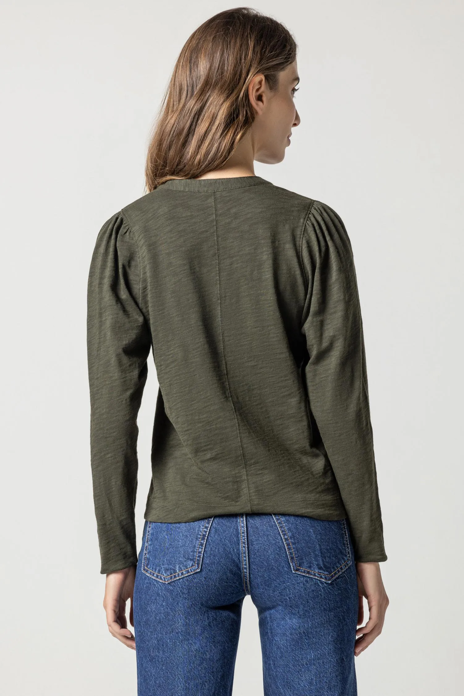 Shirred Long Sleeve Split Neck