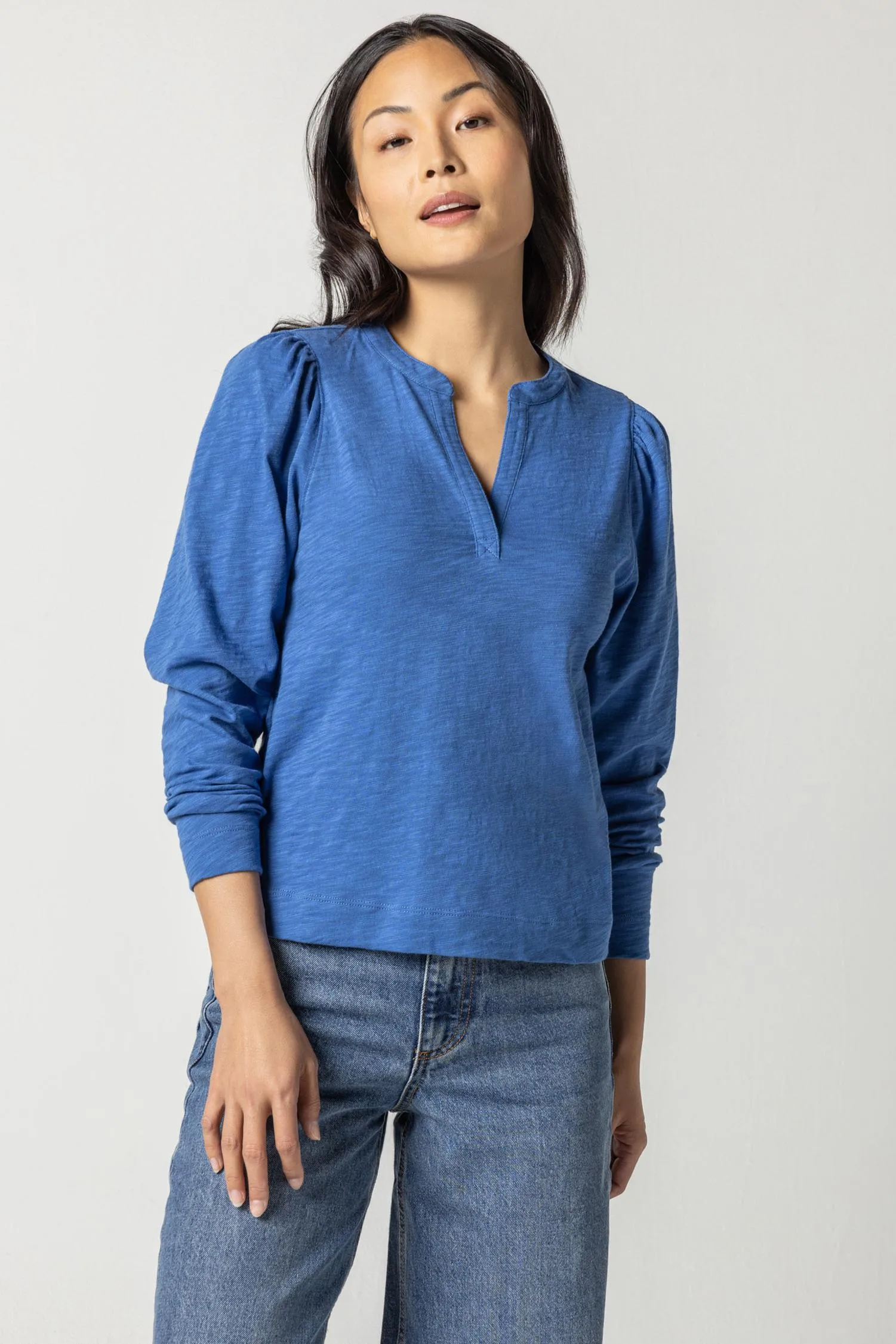 Shirred Long Sleeve Split Neck