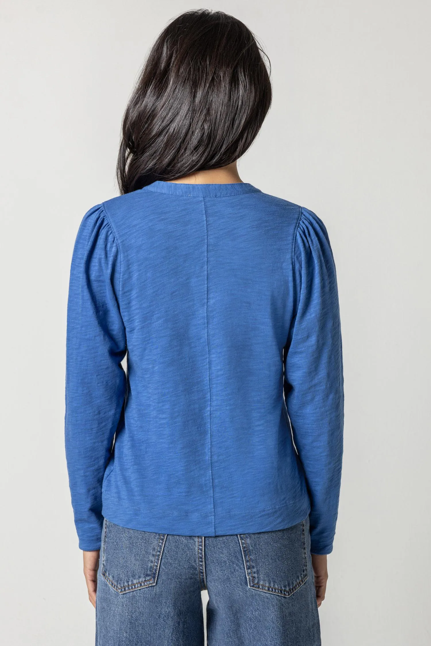 Shirred Long Sleeve Split Neck