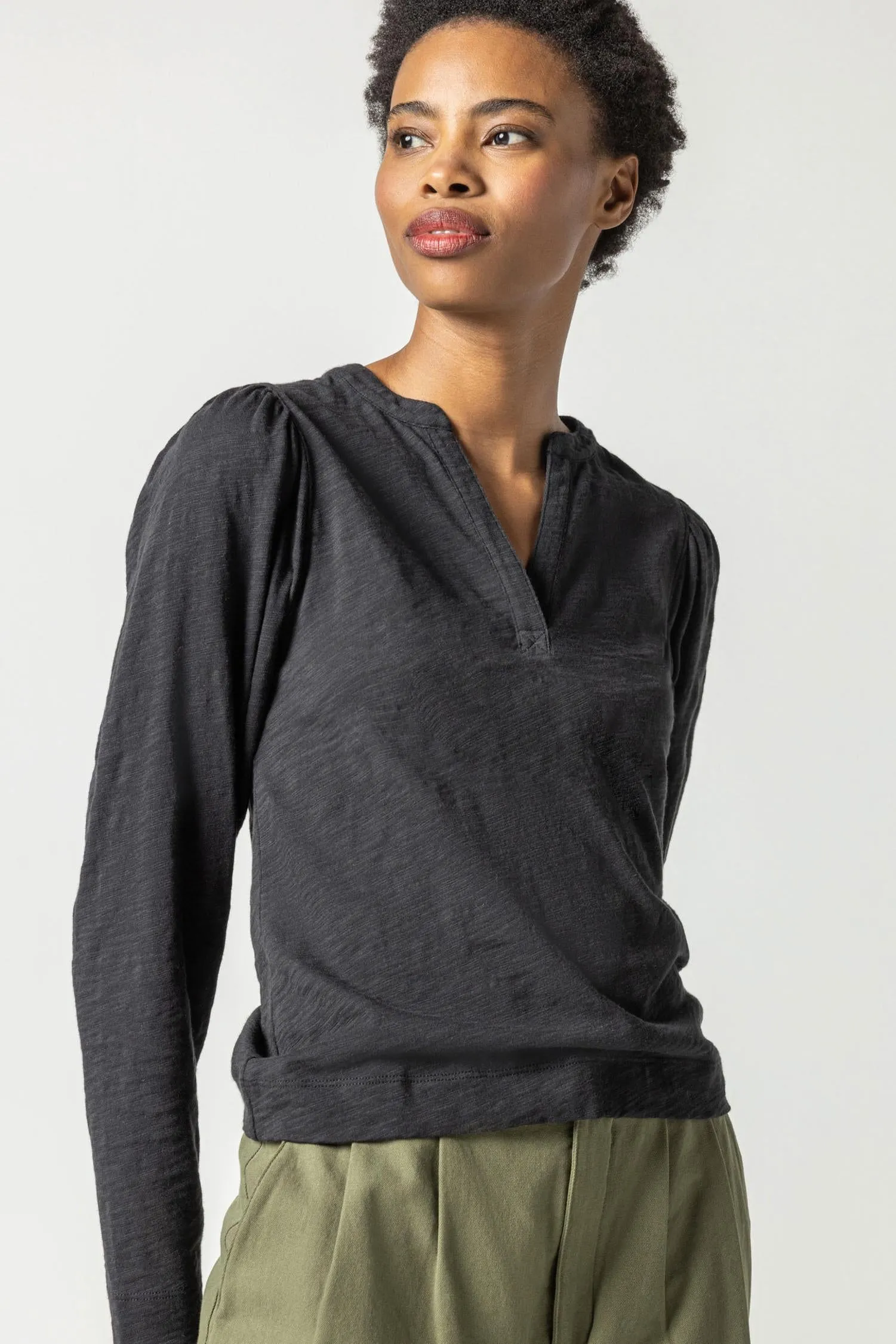 Shirred Long Sleeve Split Neck