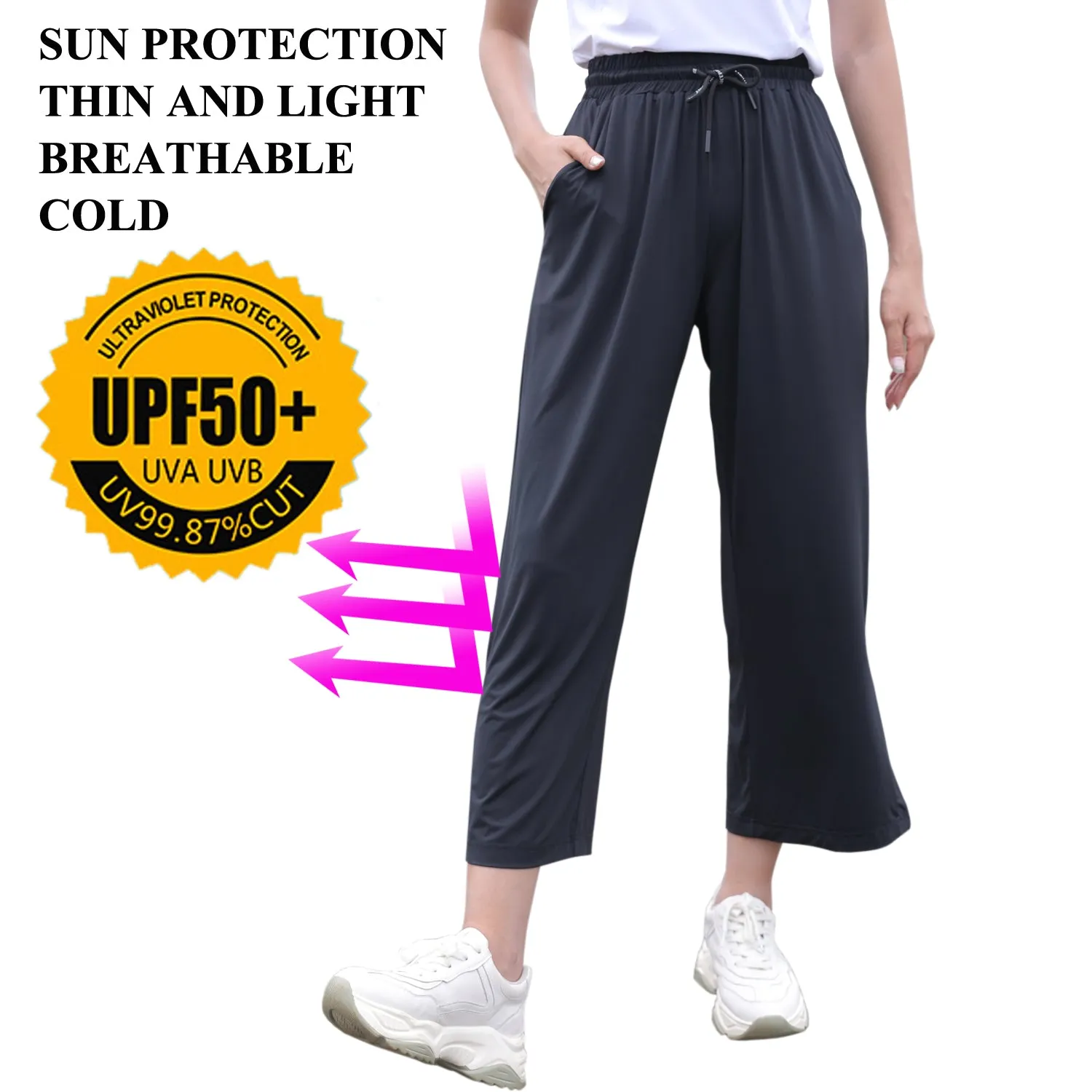 Sidiou Group Anniou UPF50  UV Protection Wide Leg Cropped Trousers Women Summer Quick Dry Pants Lightweight Loose Elastic Ice Silk Wide Leg Pants