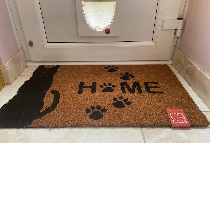 Silhoutte Black Cat and Paws Coir Large Door Mat