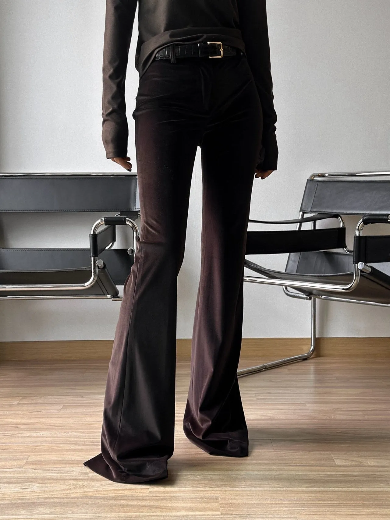 SMOOTH VELVET FLARED MAXI TROUSERS