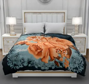 SPANGLE Printed Floral Self Warm Soft Luxurious 400 TC Micro Fibre Double Bed Blanket (Sky Blue & Brown)