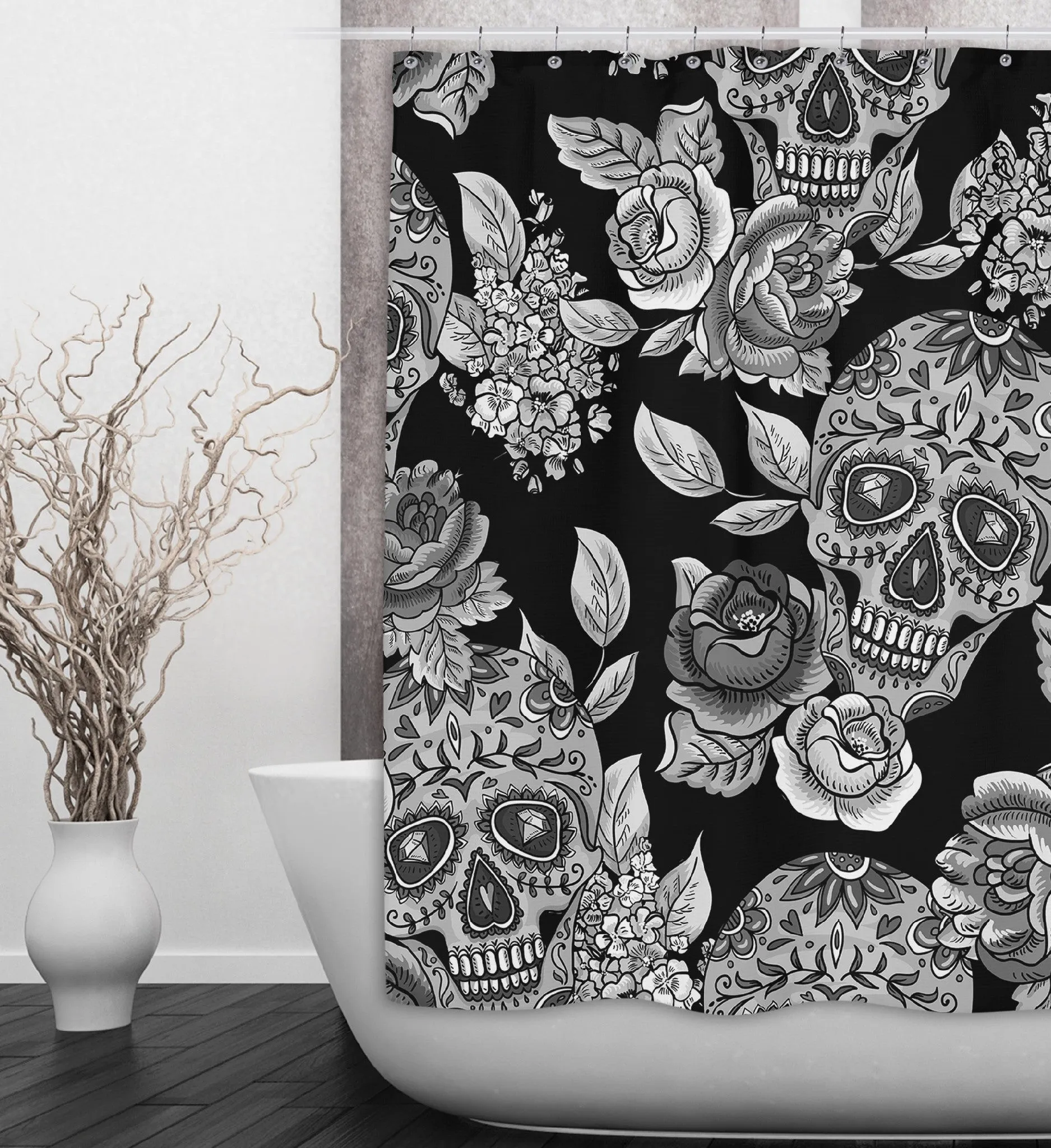 The Original Sugar Skull Black Shower Curtains and Optional Bath Mats