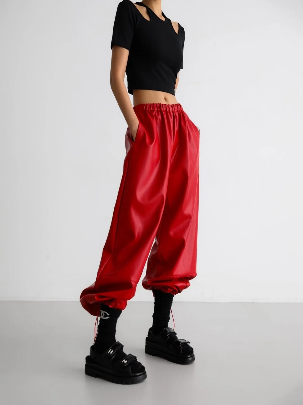 VEGAN LEATHER VOLUME JOGGER TROUSERS