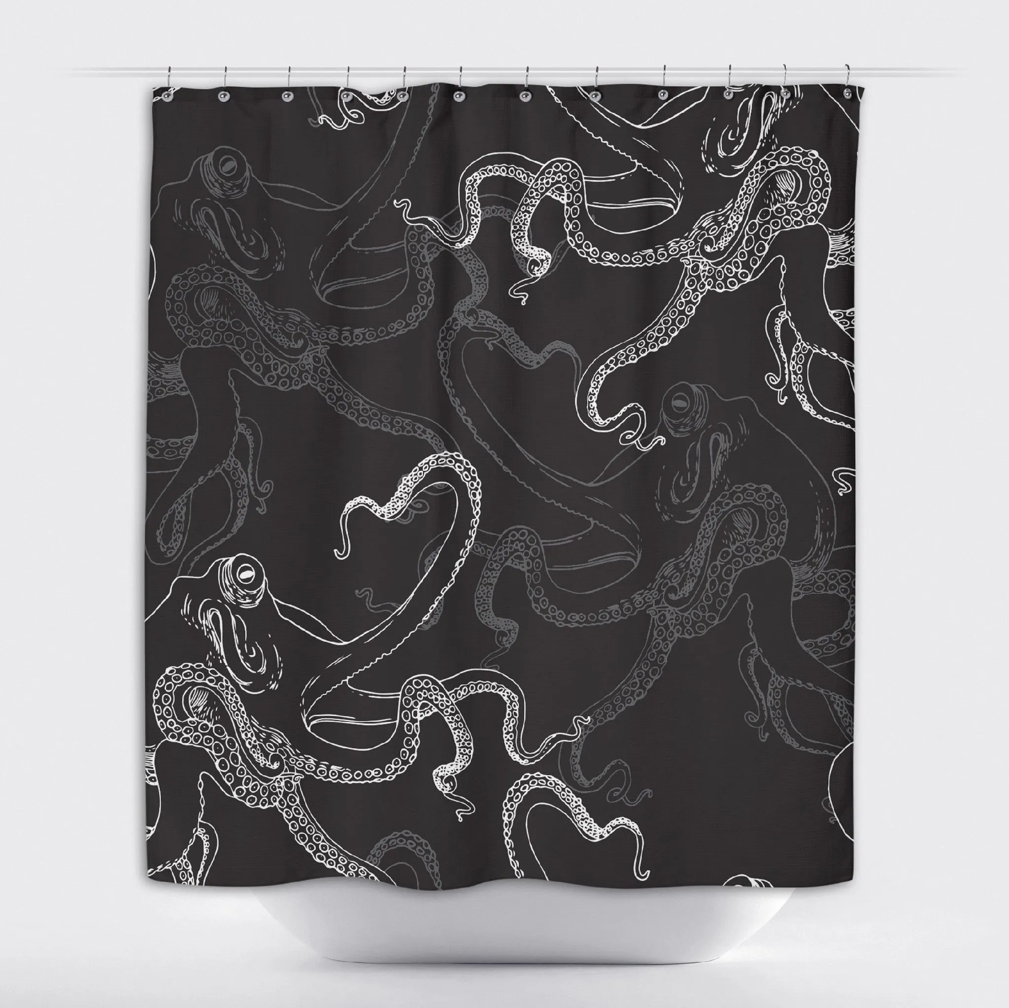 White on Black Octopus Shower Curtains and Optional Bath Mats