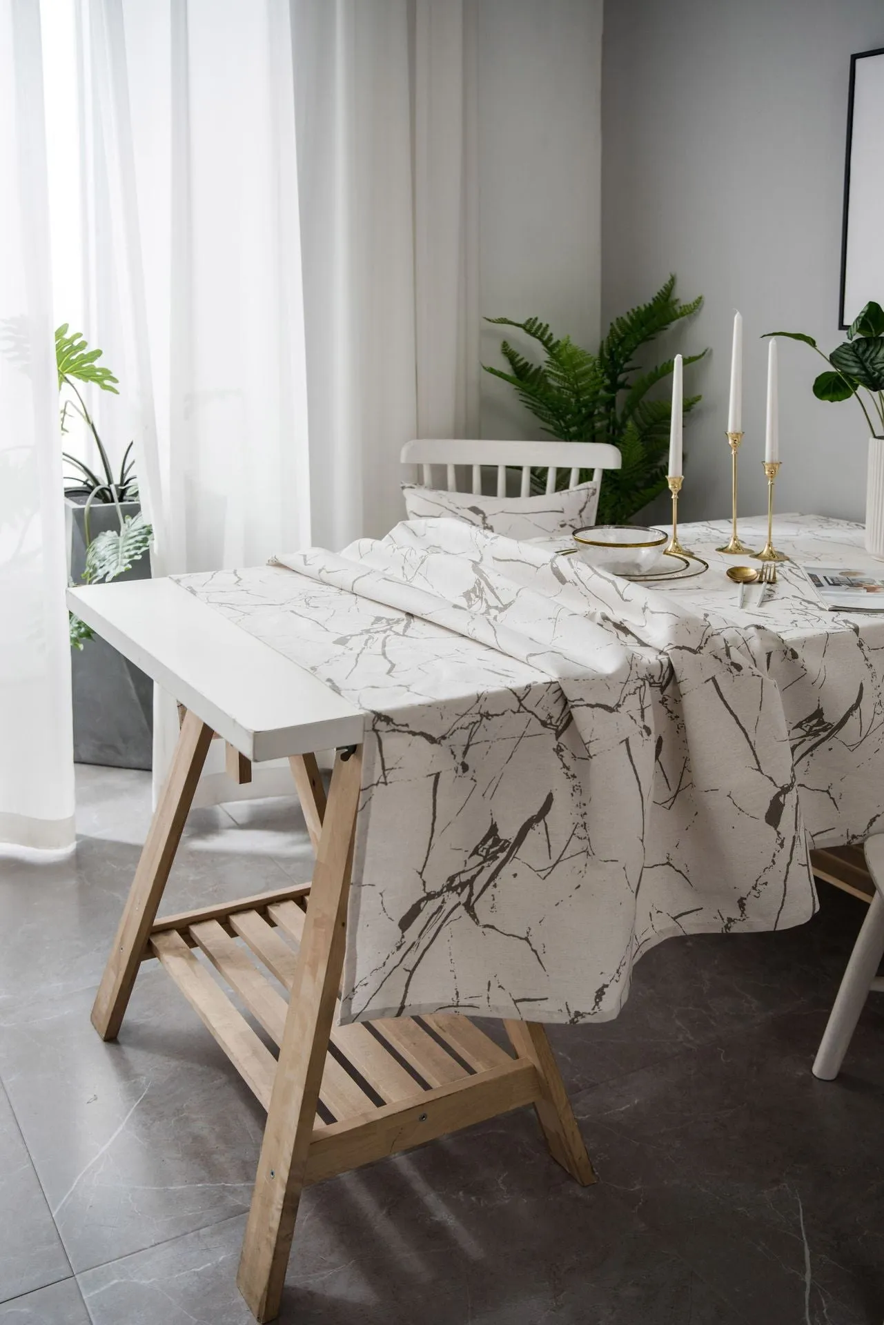 White Tablecloth Marbling Printed Cotton Linen Dustproof Table Cloth