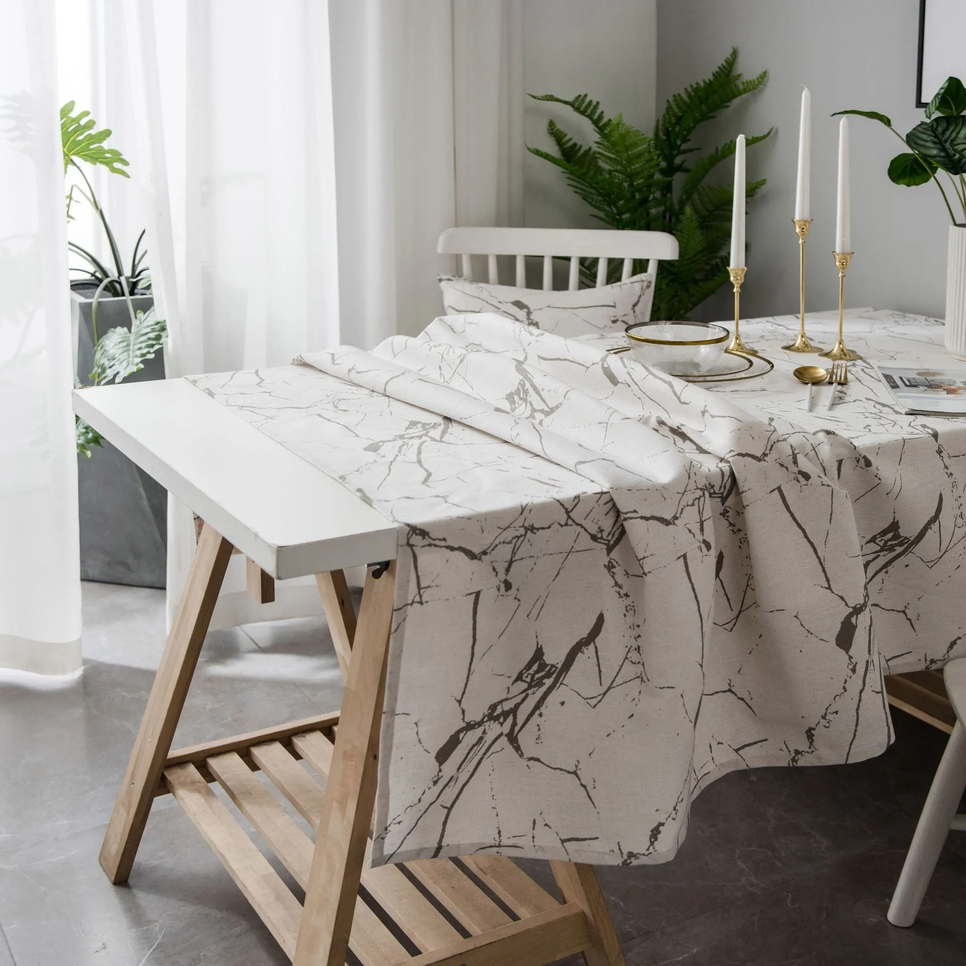 White Tablecloth Marbling Printed Cotton Linen Dustproof Table Cloth