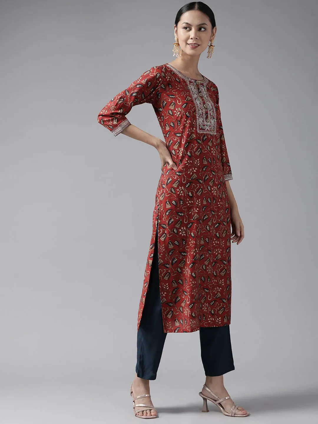 Women Rust Silk Blend Kurta Set With Dupatta