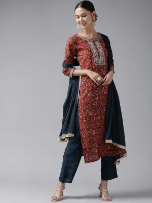 Women Rust Silk Blend Kurta Set With Dupatta